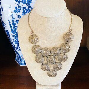 Vintage Medieval Shield Coin Cluster Statement Necklace Silver Tone 18"